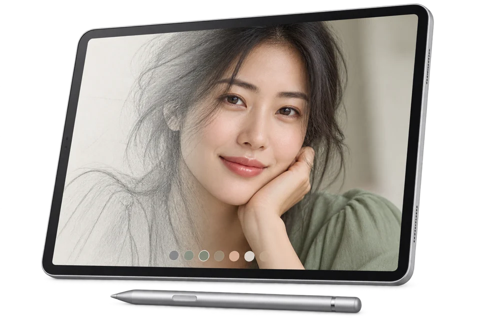 绘图平板上人物肖像从线稿过渡为写实摄影的创作过程